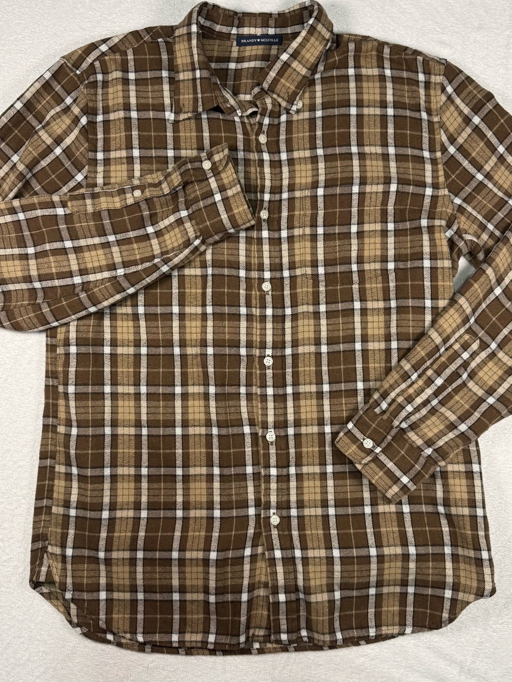 Brandy Melville Brown and Cream Plaid Button-Down Oversized Shirt